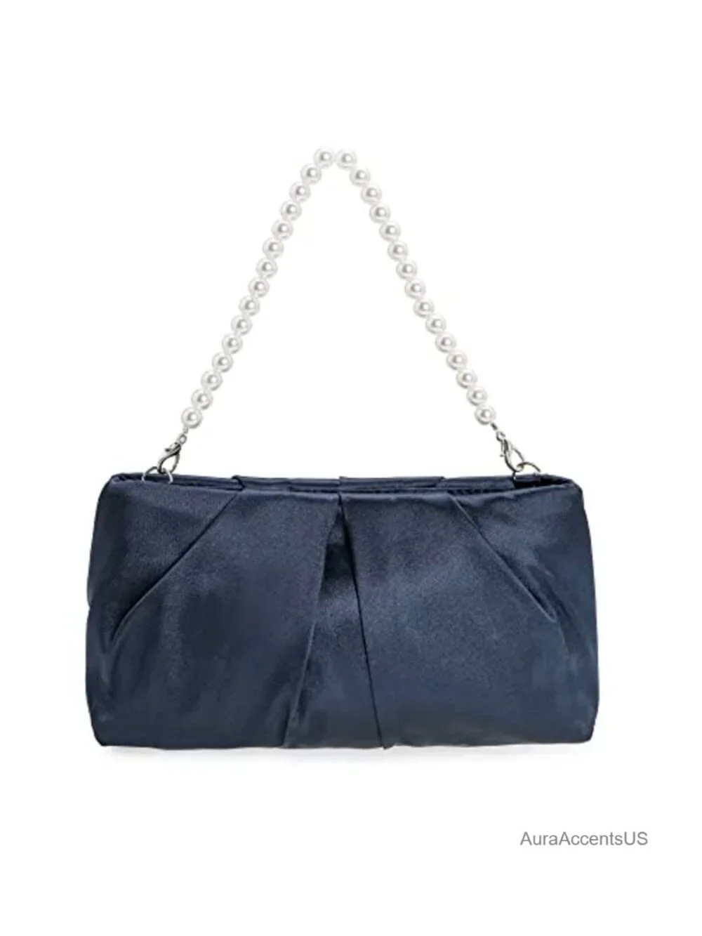 Satin Pleated Evening Clutch with Removable Chain and Pearl Straps